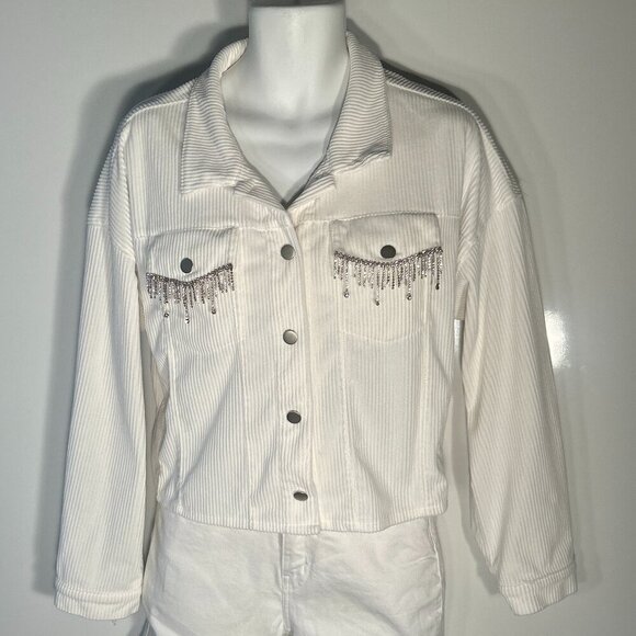 Savanna Jane SZL Ivory Corduroy Boxy Jacket Rhinestone Fringe Ranch Boho Rodeo - Picture 2 of 9